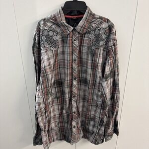Roar Men's 3XL Embroidered Button UpShirt Gray White Orange Plaid